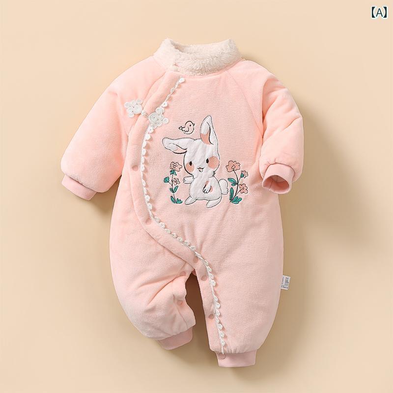 ロンパース かわいい ベルベット 生地 新生児 冬 厚手 キルト ジャンプ スーツ ピンク 女 赤ちゃん 服 暖かい 服