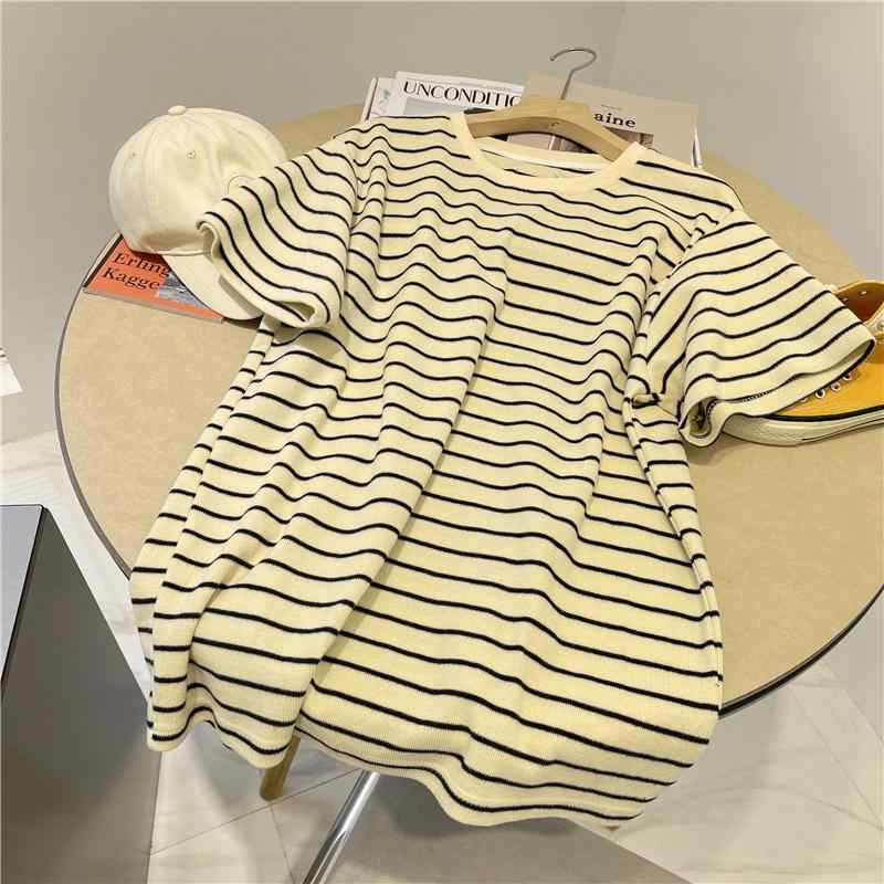 Tシャツ トップス レディース おしゃれ ファッション シンプル ストライプ 半袖 夏 薄手 ゆったり 丈 五分袖 大きめサイズ レディース ラウンドネック|セキュアデポ