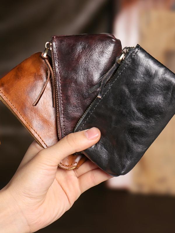 レトロ 植物 タンニン めし革 薄手財布 メンズ レディース コイン カードホルダー 革 キー バッグジッパー バッグ アメリカ シンプル