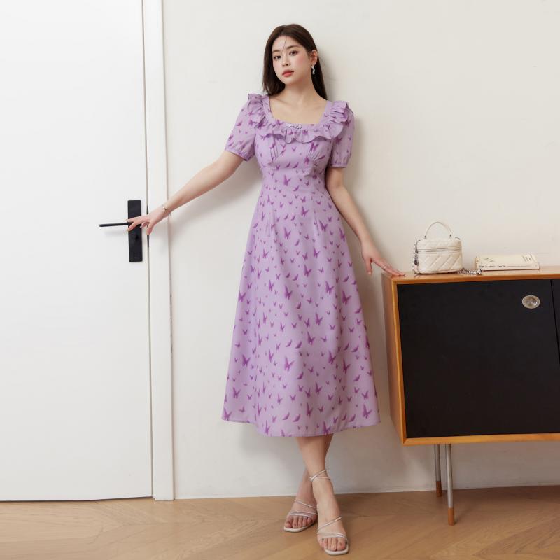 ワンピース おしゃれ レディース 婦人服 大きめサイズ ゆったり ぽっちゃり ワンピ ドレス バタフライ柄 夏 スクエアネック スリムフィット｜セキュアデポ