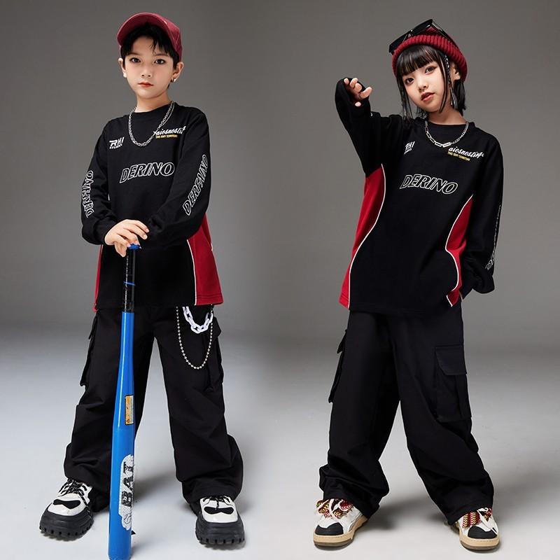 ダンス衣装 セットアップ スウェット 黒パンツ 上下セット ヒップホップ ジャズダンス ワイドフィット 秋 キッズ 女の子 ボーイズ ストリート 練習着 スポーティー