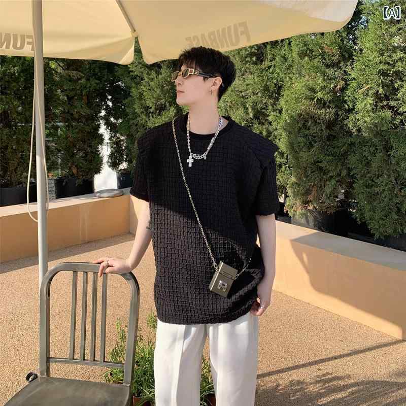 夏 テクスチャード ラウンドネック 半袖 Tシャツ メンズ カジュアル トップ 半袖 ネット Tシャツ 普段着 メンズ