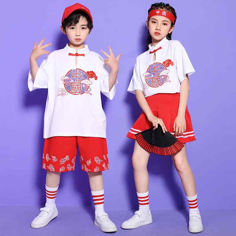 子供服 女の子 男の子 幼稚園 合唱団 制服 チアリーディング 衣装 小中学生 チャイナ風 唐服 ステージ 公演 イベント パフォーマンス レッド イエロー