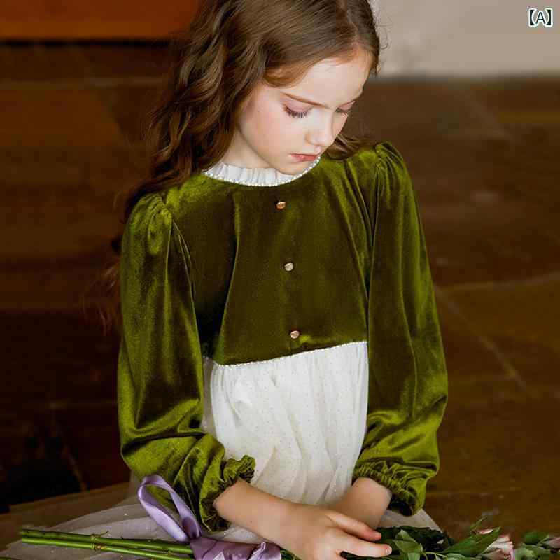 スカート ドレス キッズ ワンピース おしゃれ かわいい 女の子 子供服 パフスリーブ メッシュ ネック ライン 春秋 ガールズ スタイル ベルベット