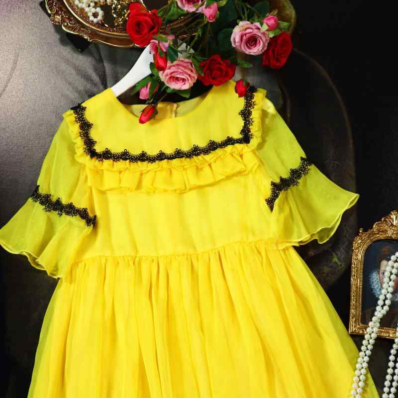 ドレス スカート ワンピース かわいい キッズ ファッション 女の子 夏服 シフォン フリルレース イエロー プリンセス レディ 半袖