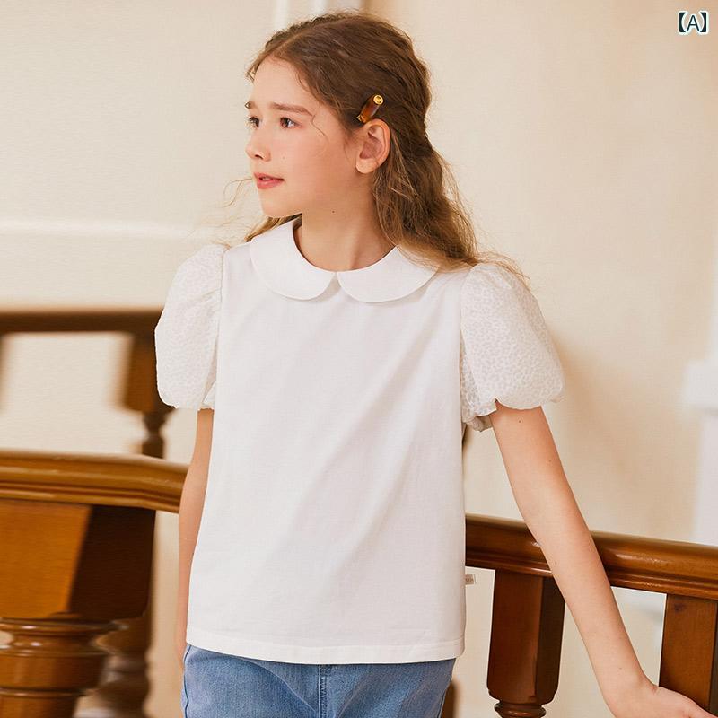 トップス ティーシャツ 半袖 小わっぱ服 心地よい キッズ 九夏 お人形さん 襟 花 ゆったり 蕾 無地 キッズ・ベビー・マタニティ-その他