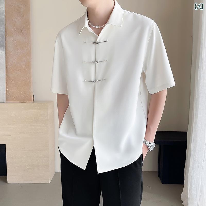 シャツ 五分袖 スタイリッシュ おしゃれ メンズ 夏ウェア 紳士服 メンズ シャツ トップス シンプル チャイナ風 夏 薄手 豪華感 ブラック ホワイト