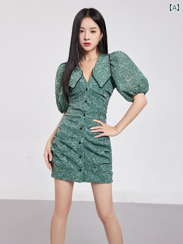 レディース 夏 半袖 ワンピース 女性 緑 レトロ ドレス 短い スカート 軽量 贅沢 高級感 フレンチ|セキュアデポ
