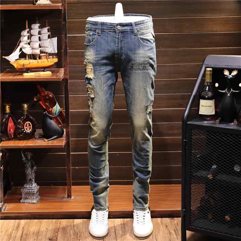 デニムパンツ メンズ ボトムス ズボン 春秋 レトロ リップド パッチ ジーンズ ストレッチ スリム 裾細 ノスタルジック 男の子 ズボン｜セキュアデポ
