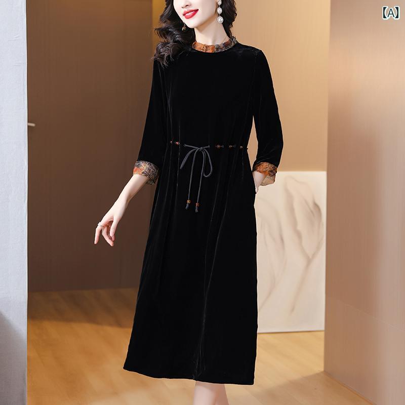 レディース ワンピース きれいめ 上品 マザーズ ミセス 婦人服 高級感 ベルベット 秋冬 スタンドカラー 長袖 チャイナ ドレス 女性