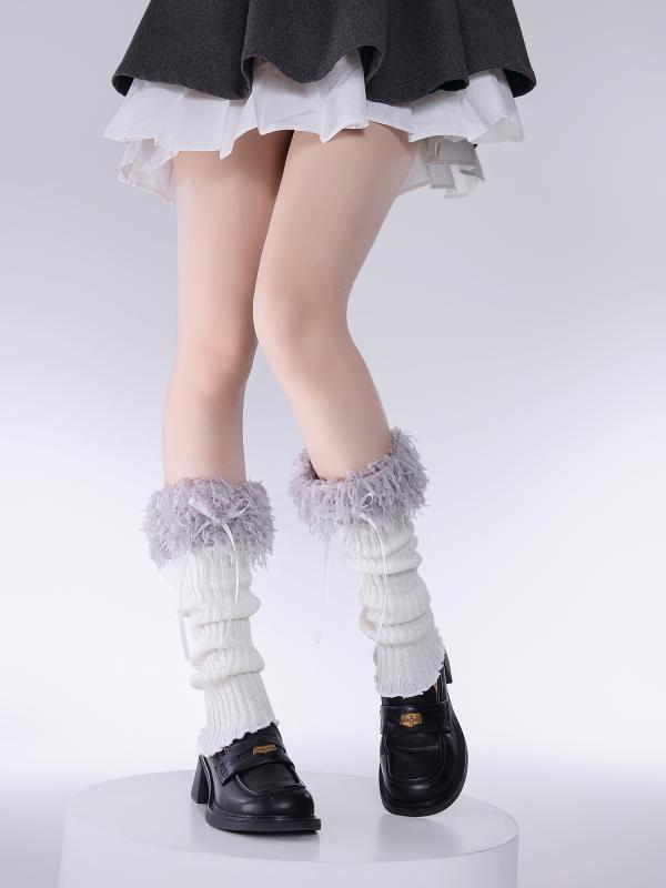 靴下 ロリータ レース プラッシュ パイル ソックス グレー レッグ カバー スイート JK リボン ブーツカバー ふくらぎ