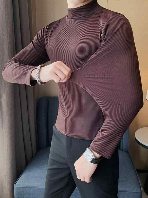 メンズ ハーフ タートルネック 長袖 Tシャツ 春秋 ストレッチ スリム インナー ミドル カラー シャツ ストライプ スリムフィット ファッション スタイリッシュ