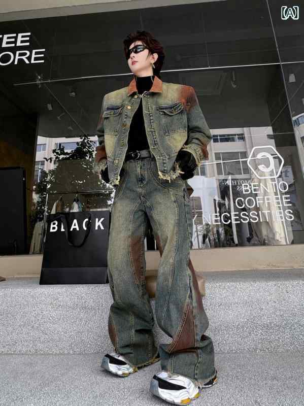 メンズ パンツ 春 ヘビー級 スプレー 塗装 裾 猫 ひげ ロー エッジ デニムジャケット ワイド レッグ フレア スーツ｜セキュアデポ