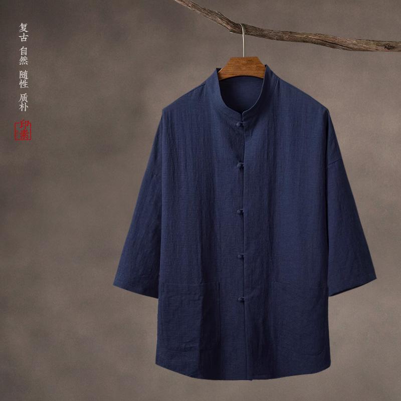 シャツ メンズ ファッション 中華風 夏 薄手 唐装 レトロ リネンシャツ 半袖 綿 リネン 中国 七分袖 スタンドカラー