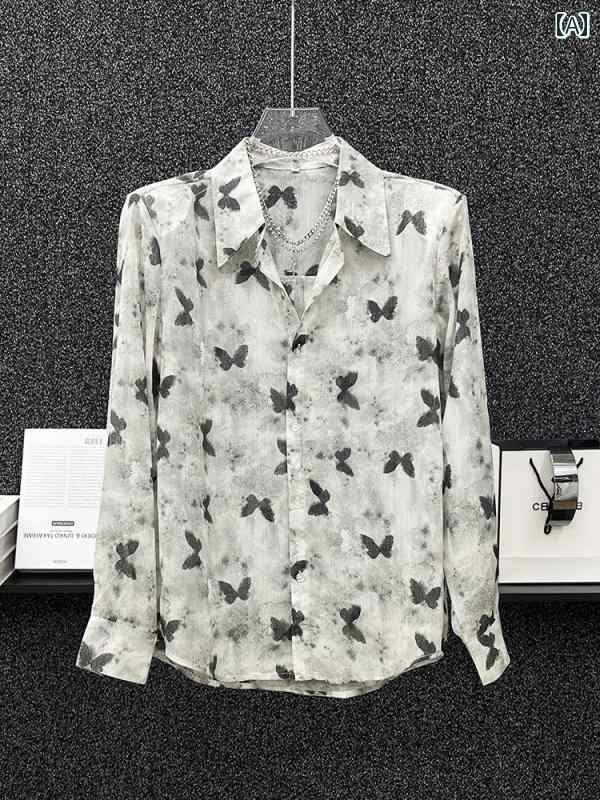 柄シャツ 蝶 メンズ メッシュ バタフライ シャツ ショルダーパッド 韓国 日焼け防止 シースルー 透け感 シャツ 涼し気 かっこいい 都会 バンドマン