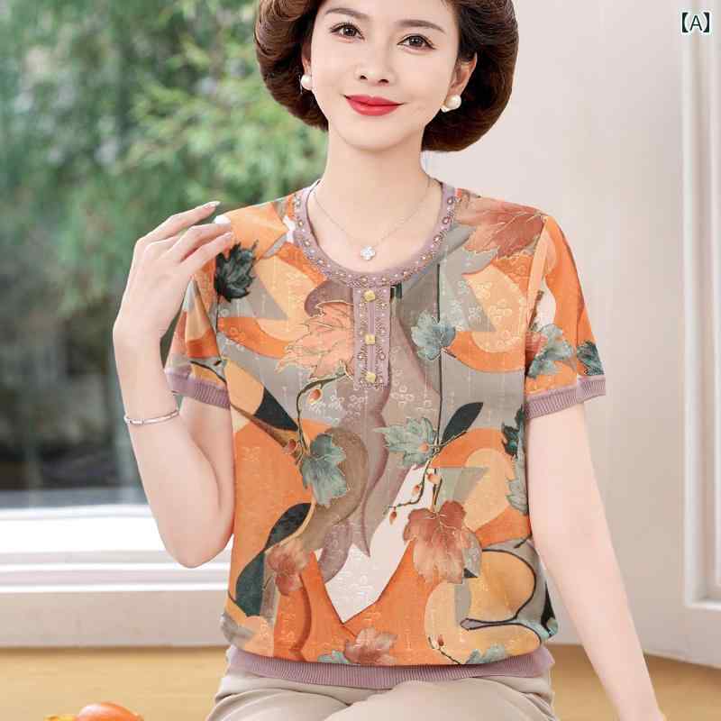 ママ 夏 半袖 Tシャツ おしゃれ ひんやり 涼しい 快適 ゆったり 薄手 トップス ラウンドネック ボタン 柄 レディース 涼しい