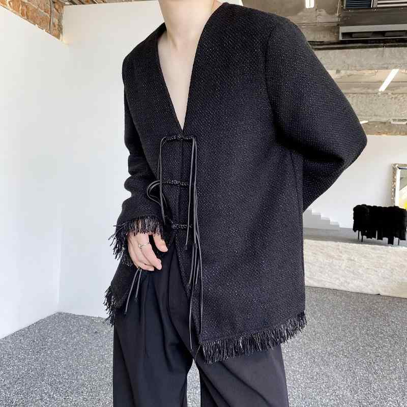 ジャケット メンズ 秋 カジュアル かっこいい 中華風 ディスク ボタン Vネック スーツ ハイエンド ファッション タッセル スーツ