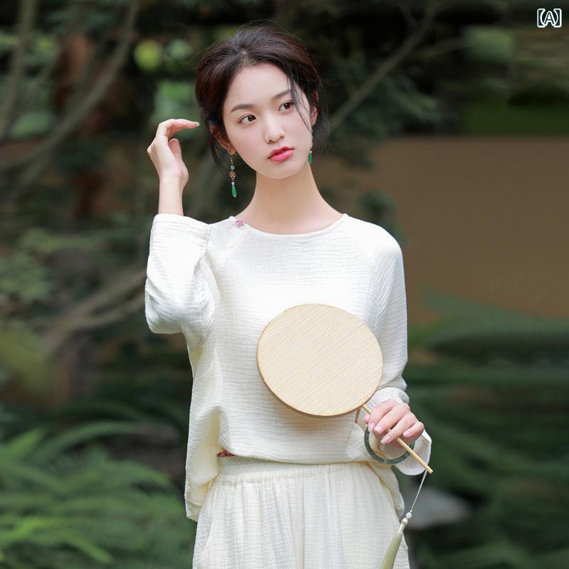 レディース チャイナ風 セットアップ 爽やか 綿 トップス 春夏 仏教 瞑想 私服 茶師服 茶 セット リネン パンツ ウエストゴム 無地 シンプル ラウンドネック｜セキュアデポ