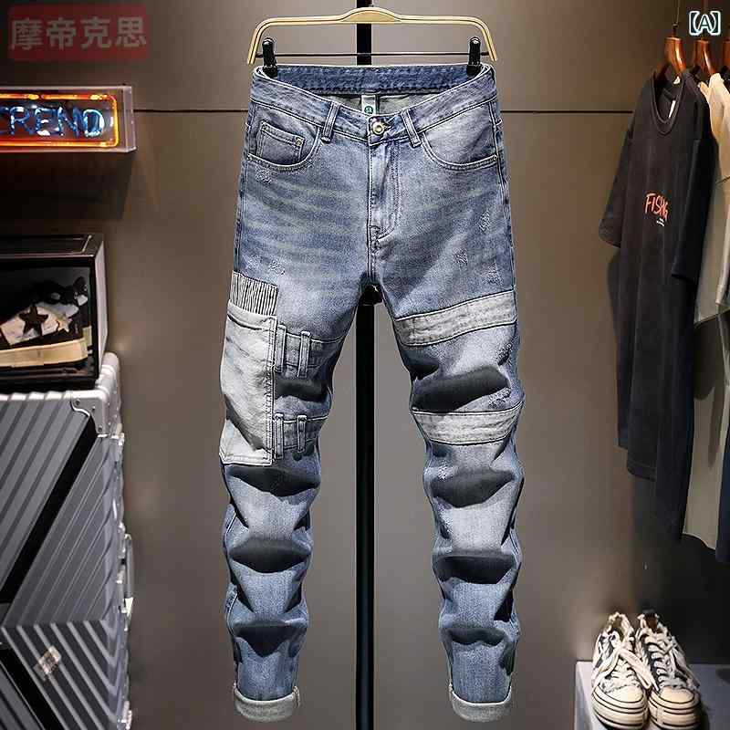ファッション ジーンズ メンズ スリム フィット パンツ ファッション ストレッチ ダメージ加工 ロング