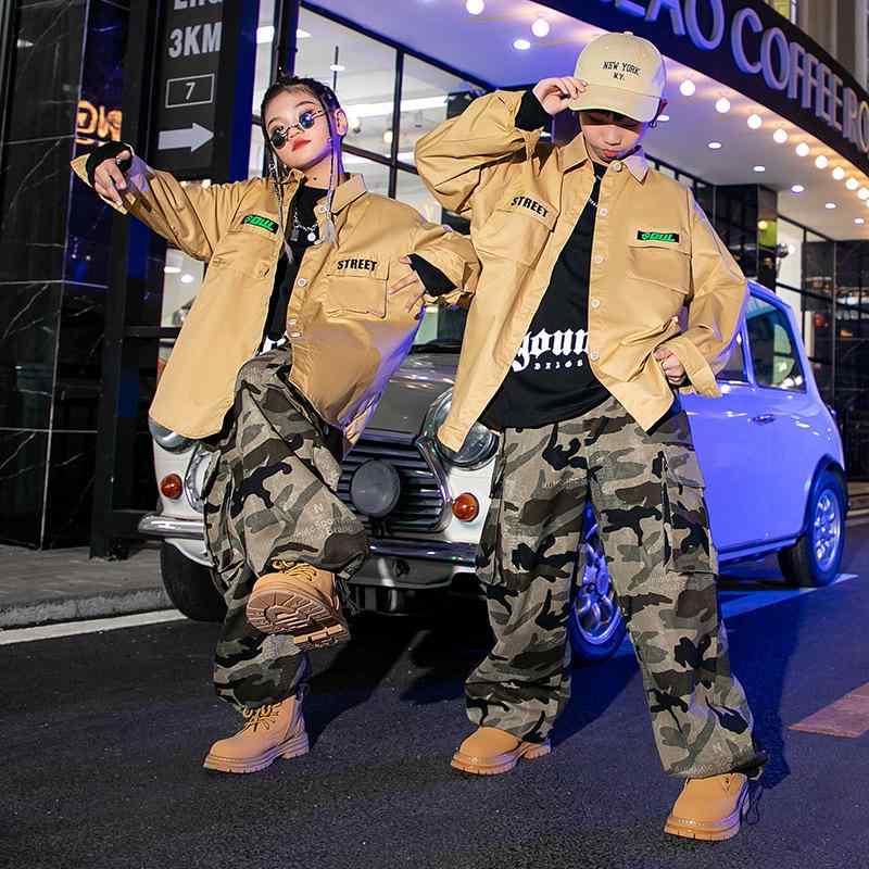 ダンス衣装 セットアップ 迷彩パンツ 襟シャツ Tシャツ ヒップホップ ジャズダンス ワイドフィット 秋 キッズ 女の子 ボーイズ ストリート 練習着