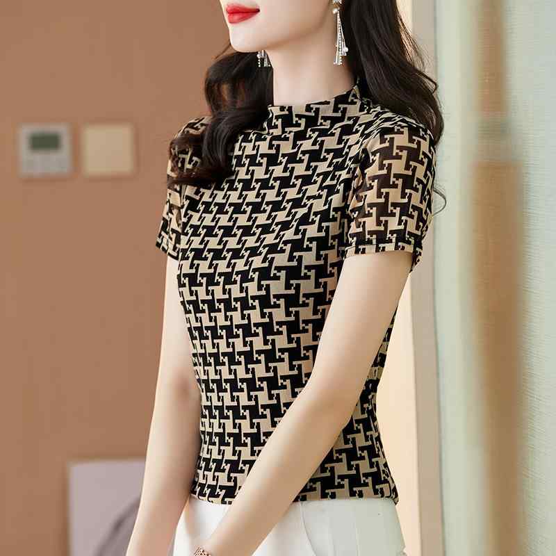 レディース ファッション ママ ハーフ タートルネック 半袖 Tシャツ 夏 チェック メッシュ シャツ トップス スリムフィット クラシック 大きめサイズ アプリコット 上品