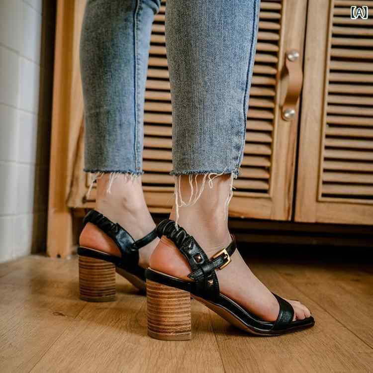 レディース 夏 サンダル ビーチ プール リゾート おしゃれ ローマン 女性 ミッド ヒール 厚手 ベルトバックル シープスキン ブラック ストラップ オープントゥ ファッション レトロ シューズ｜セキュアデポ
