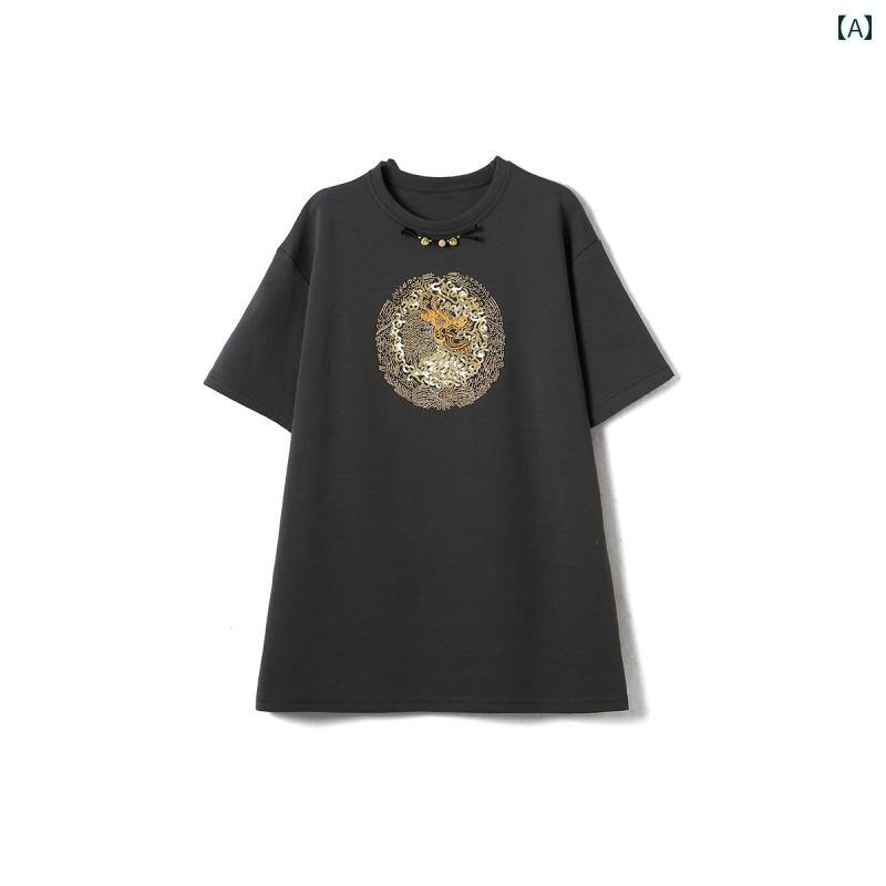 レディース Tシャツ オーバーサイズ 半袖 プリントシャツ チャイナ風 ゆったり 大きめサイズ カジュアル キュート トップス 夏 ファッション｜セキュアデポ