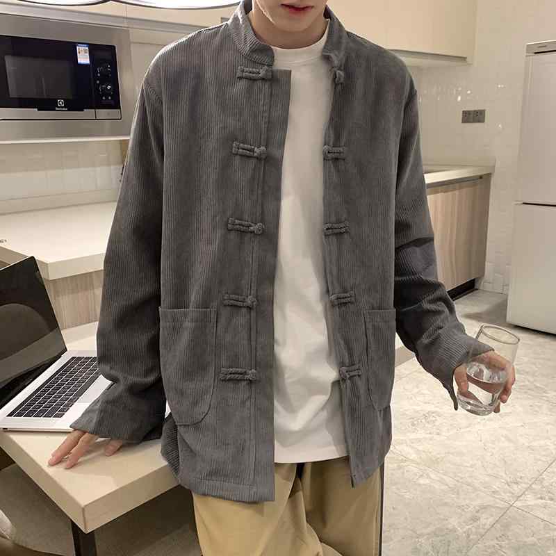 シャツ メンズ 秋 春 長袖 アウター コーデュロイ 中華風 ボタン ダウン レトロ ゆったり 大きいサイズ