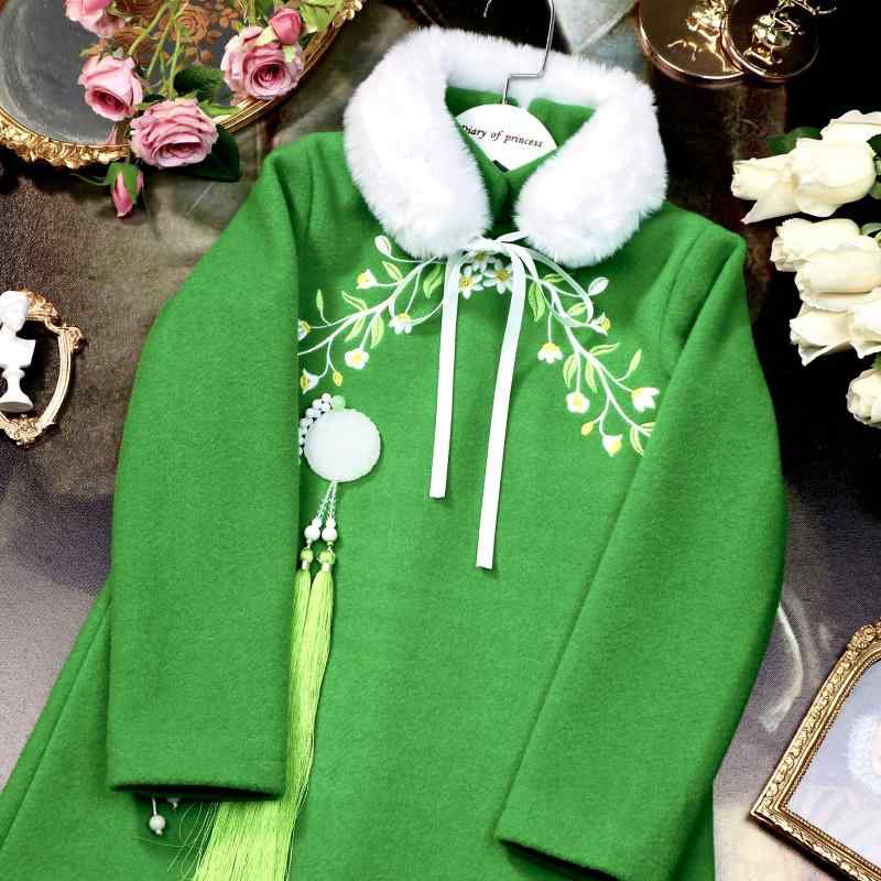 ドレス ワンピース かわいい キッズ ファッション 秋冬 子供服 女の子 ウール 刺繍 グリーン 中華風