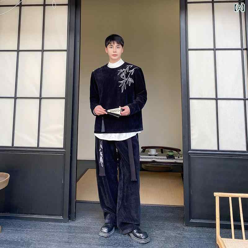メンズ カジュアル 秋冬 肥厚 ラウンドネックプルオーバー スウェットシャツ スーツ チャイナ フロア モップ ツーピース セット｜セキュアデポ