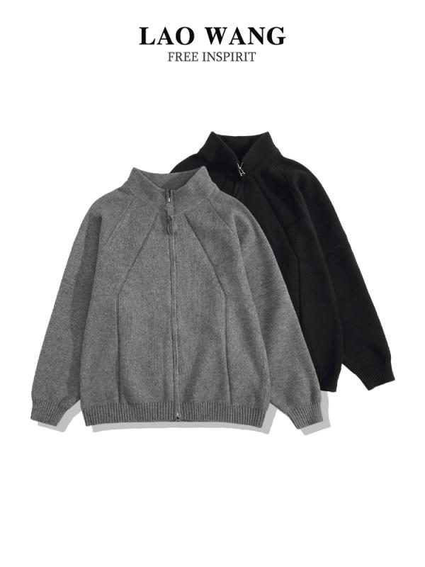 トップス メンズ 秋冬 シンプル 無地 ヘビー ジッパー カジュアル セーター メイラード ニット スタンドカラー カーディガン
