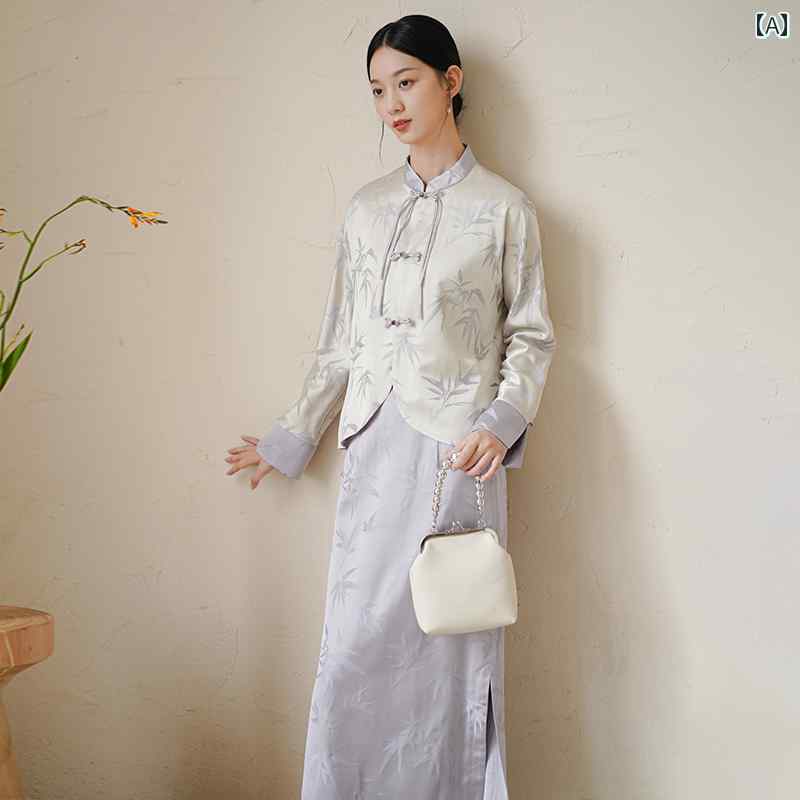 レディース 流行り物 エスニック 秋冬 中華風 唐装 成人女性 止ん事無い ジャカード 思い入れる 茶 背広 トップス 二分の一 スコート