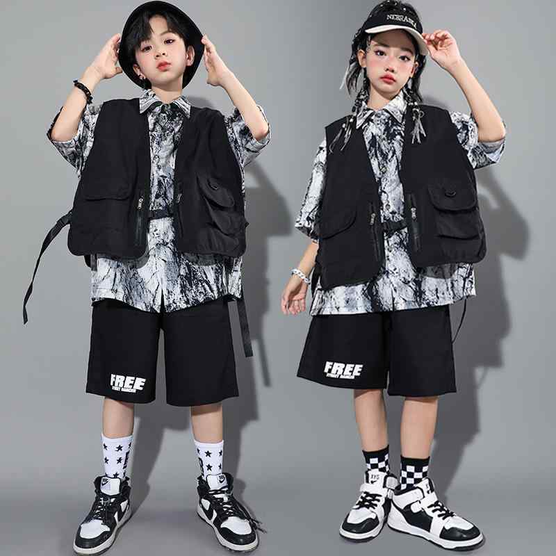 子供服 女の子 男の子 シャツ ベスト ショートパンツ コスチューム バンド ダンス ヒップホップ ストリート系 パフォーマンス 衣装 クール かっこいい キッズ