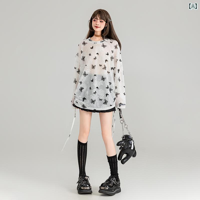 女の子 ファッション フラワー 蝶柄 白 長袖 Tシャツ レディース 初秋 透け感 トップス ゆったり 薄手 ロング かわいい