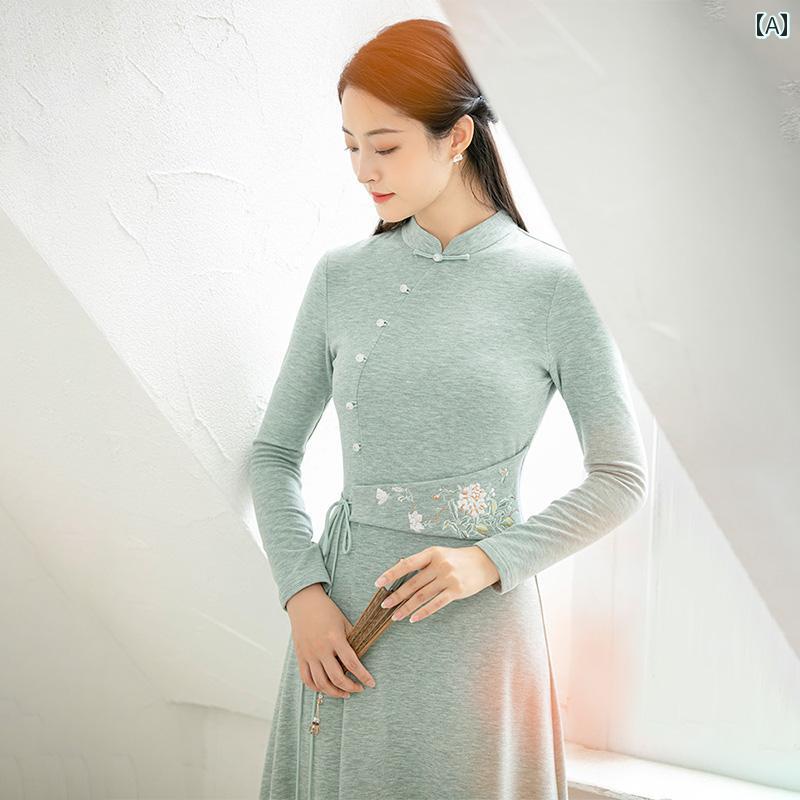 チャイナ ドレス エレガント 中華風 ワンピース 撮影 衣装 女性 秋冬 ウエスト スリム ニット 中国 バックル｜セキュアデポ