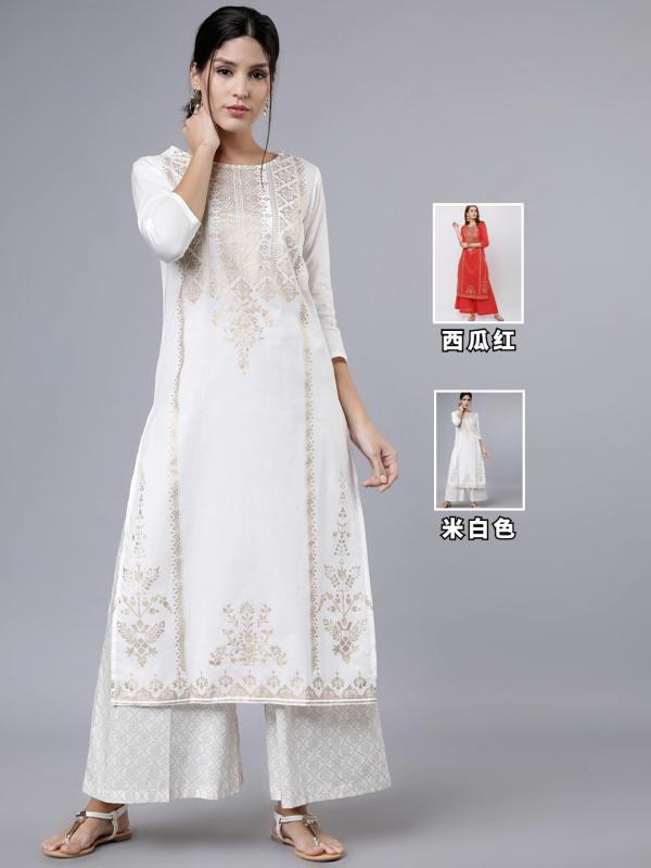 インド 婦人服 エスニック ブロンズ プリントコットン 伝統 2点 セット ロング ラウンドネック シンプル エレガント 綿｜セキュアデポ