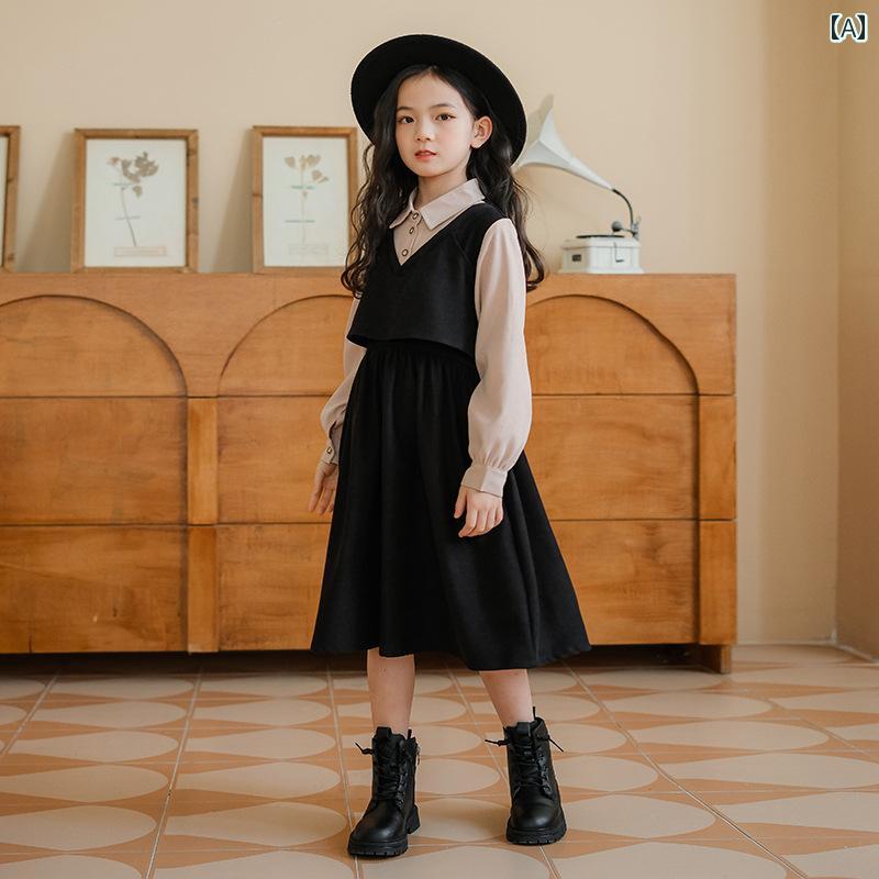 ワンピース かわいい 女の子 ガールズ ベルベット ドレス 秋冬 新年お祝い 服 カレッジ フェイク ツーピース プリンセス 冬