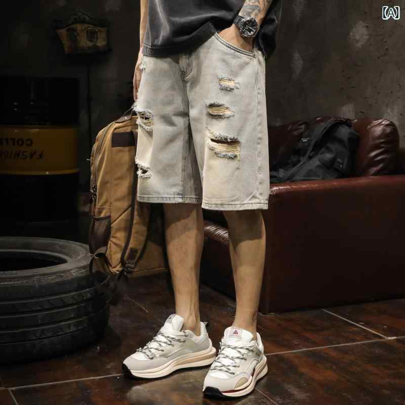 ハーフパンツ メンズ ショートパンツ ボトムス 夏 アメリカン ストレート デニム ウォッシュド 破れダメージ加工 ヴィンテージ風 薄手 ストレッチ性し ハーフ 五分丈 半ズボン ミドル バッジ 綿混紡 ポリエステル繊維 ビースコース繊維 レジャー ビーチ｜セキュアデポ