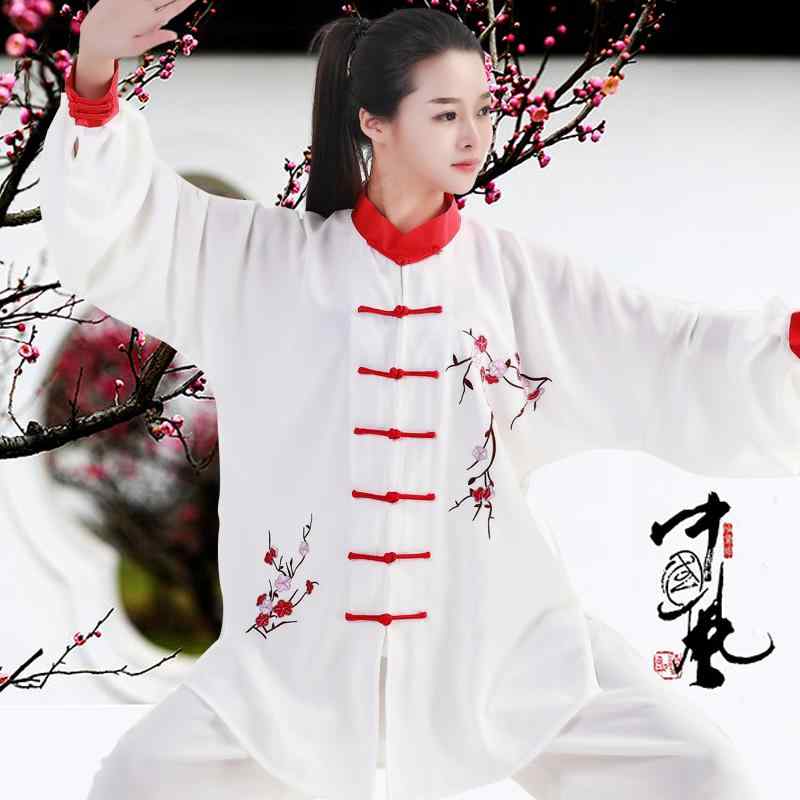 レディース 秋 春 夏 刺繍 太極拳 服 カンフー着 スター ライト 麻 太極拳 練習 服 朝 体操 武術 武道着 トレーニング ウェア マーサージ師 制服 練習 パフォーマンス 服