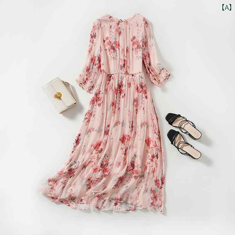 レディース 夏 サマー ワンピース きれいめ 上品 婦人服 マザーズ ハイエンド 優しい ドレス ウエスト スリム 花柄 海辺 休暇 ロング｜セキュアデポ