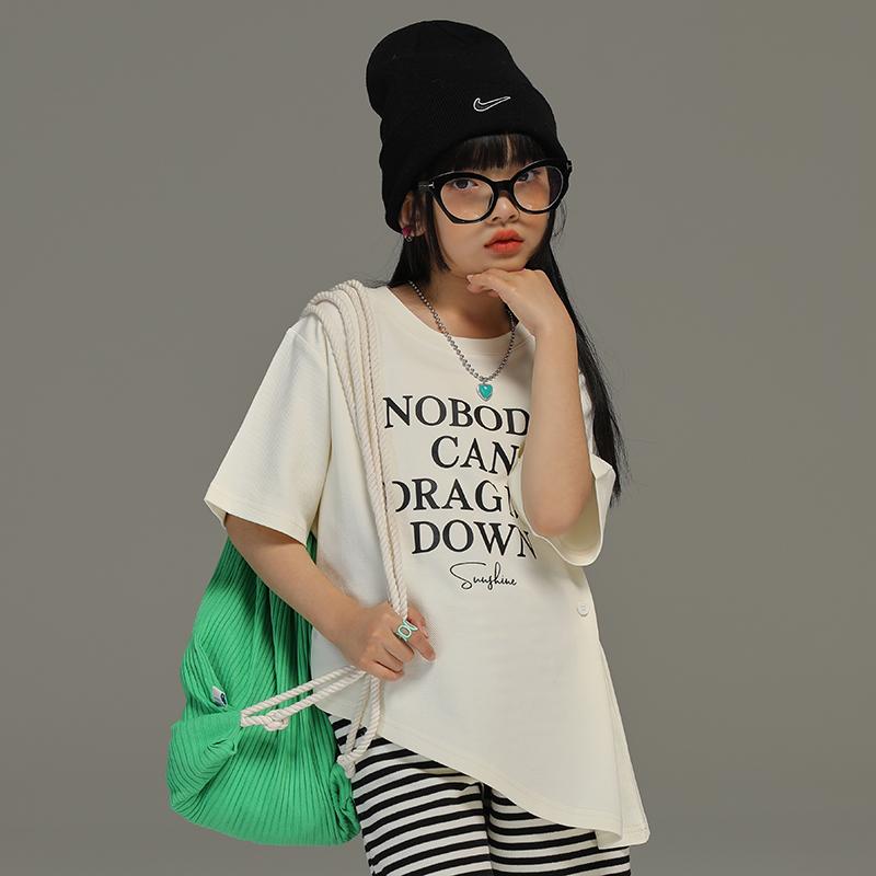 トップス 子供服 おしゃれ ナチュラル 普段着 キッズ 小さい 女の子 夏服 非対称 英語 Tシャツ 子供 薄手 スタイル