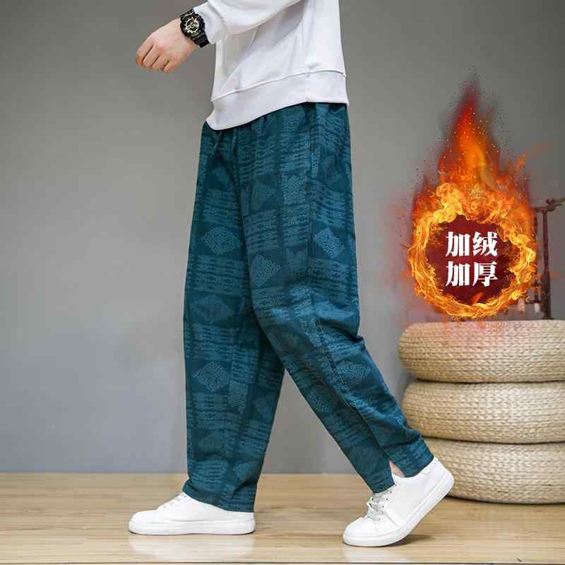 パンツ メンズ コットン 秋 冬 カジュアル ジャカード リネン 中華風 レトロ 裏起毛 厚手 ワイド レッグ ストレート