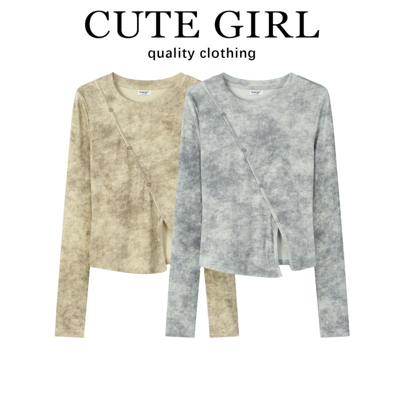 シャツ トップス 長袖 Tシャツ レディース カジュアル アメリカ 甘くて スパイシー 絞り染め 長袖 女性 春 スリム ラウンドネック 多目的