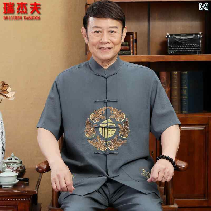 メンズ 心地好い カンフー服 御召しもの 太極拳 背広 中華風 唐 半袖 リネン 藤四郎 御父っつぁん 夏時 刺しゅう 馬鹿でかい大きさ 漢服