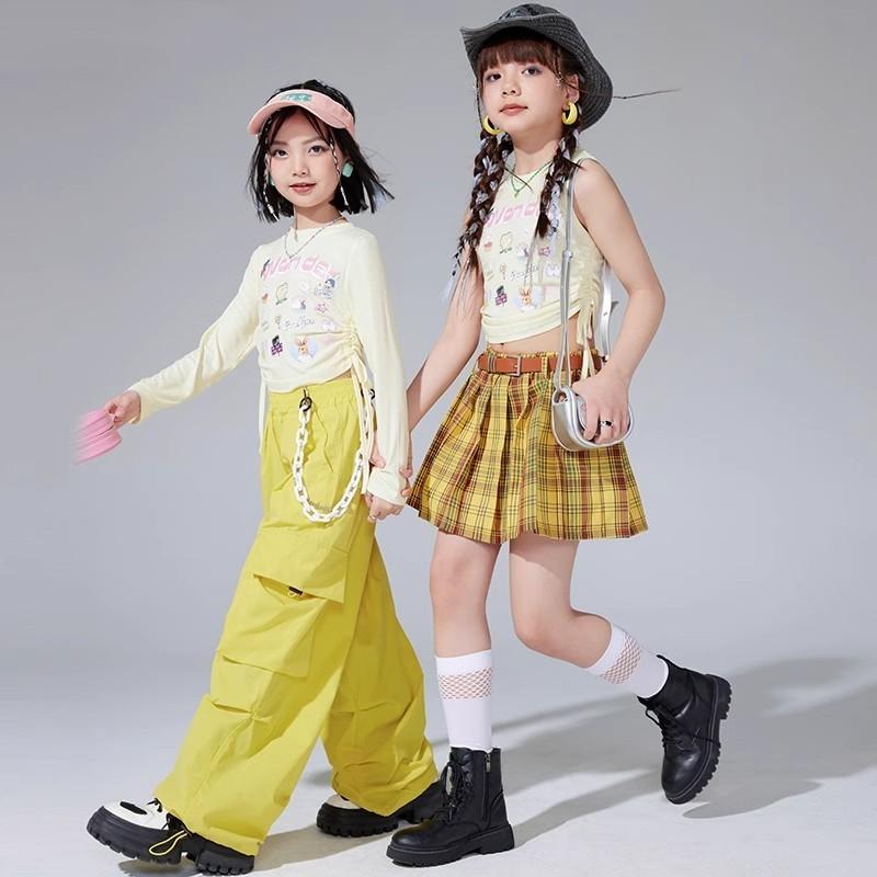 子供服 女の子 Tシャツ タンクトップ へそ出し パンツ チェック ミニスカート コスチューム バンド ダンス ヒップホップ ストリート系 パフォーマンス 衣装 クール かっこいい キッズ