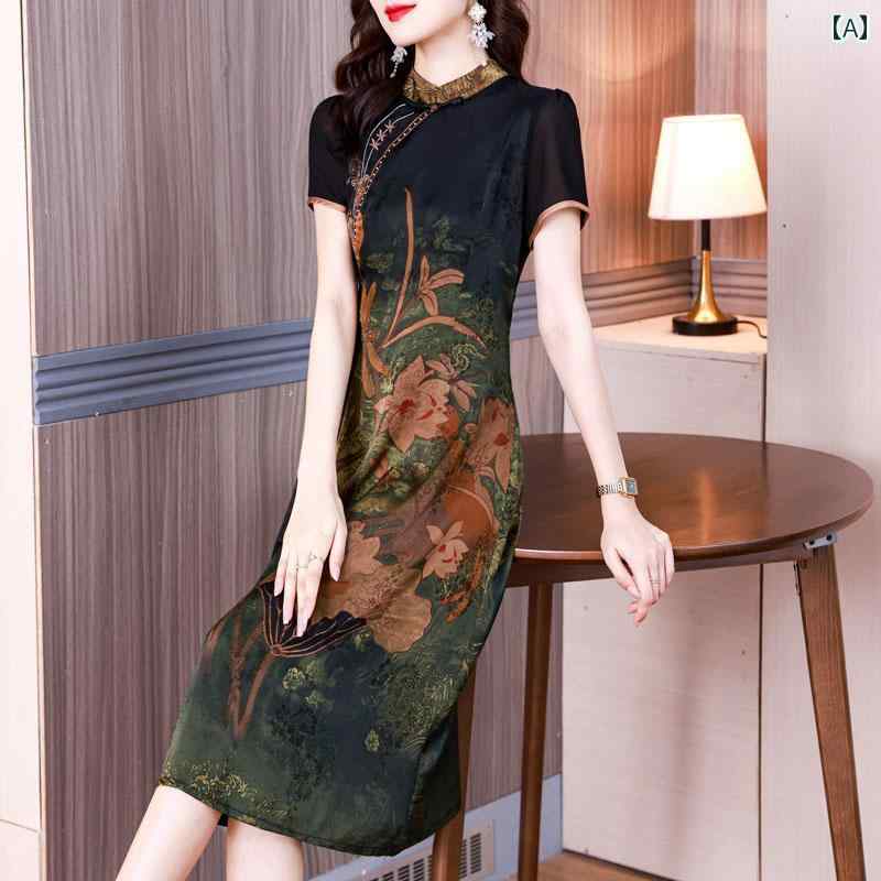 レディース 夏 ワンピース きれいめ 上品 マザーズ ミセス 婦人服 中国 ハイエンド ドレス 女性 若々しい 桑 ロング
