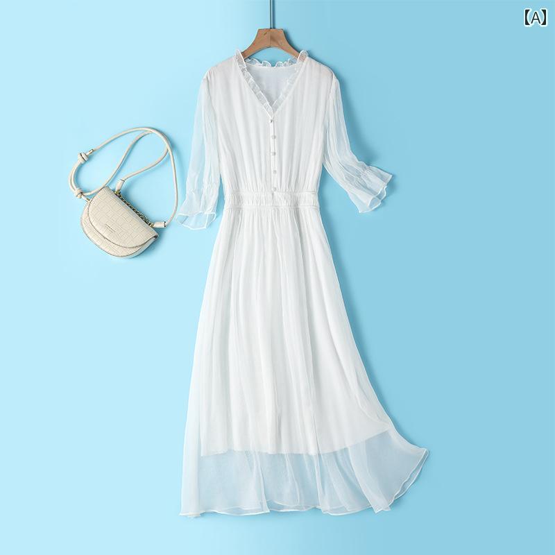 レディース 夏 サマー ワンピース きれいめ 上品 婦人服 マザーズ ドレス 女性 ミドル丈 ウエスト スリム 桑 白 フェアリー スカート