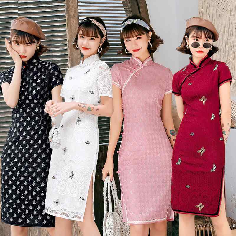 ドレス レディース チャイナ かわいい パフォーマンス 撮影 衣装 古風 レトロ レース スリムフィット 若い 女子 ファッション 学生 キャットウォーク 女性 ミドル丈