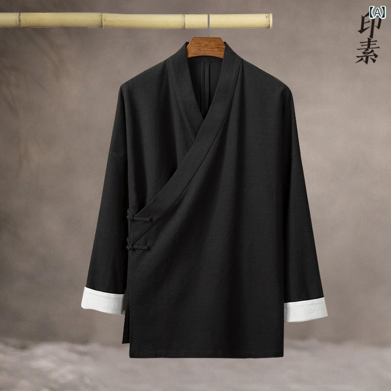 メンズ 道教 衣装 秋冬 中華風 真っただ中丈 綿麻 漢服 思い入れる 宿小屋 御召しもの レトロ 茶師服 上衣
