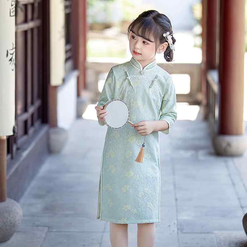 チャイナドレス キッズ 子供服 女の子 コスプレ 民族衣装 ワンピース さわやか 写真撮影 レトロ レトロ イベント 中国風 秋 緑 グリーン